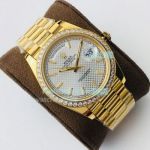EW Replica Gold Rolex Day Date White Grid Dial Diamond Bezel Watch 40MM